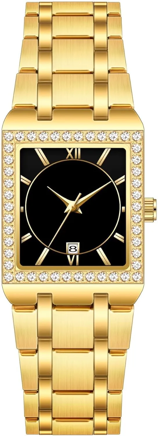 CARLIEN Women's Luxury Stainless Steel Bracelet Watches Ladies Diamonds Bezel Square Waterproof Calendar Analog Quartz Wrist Watch