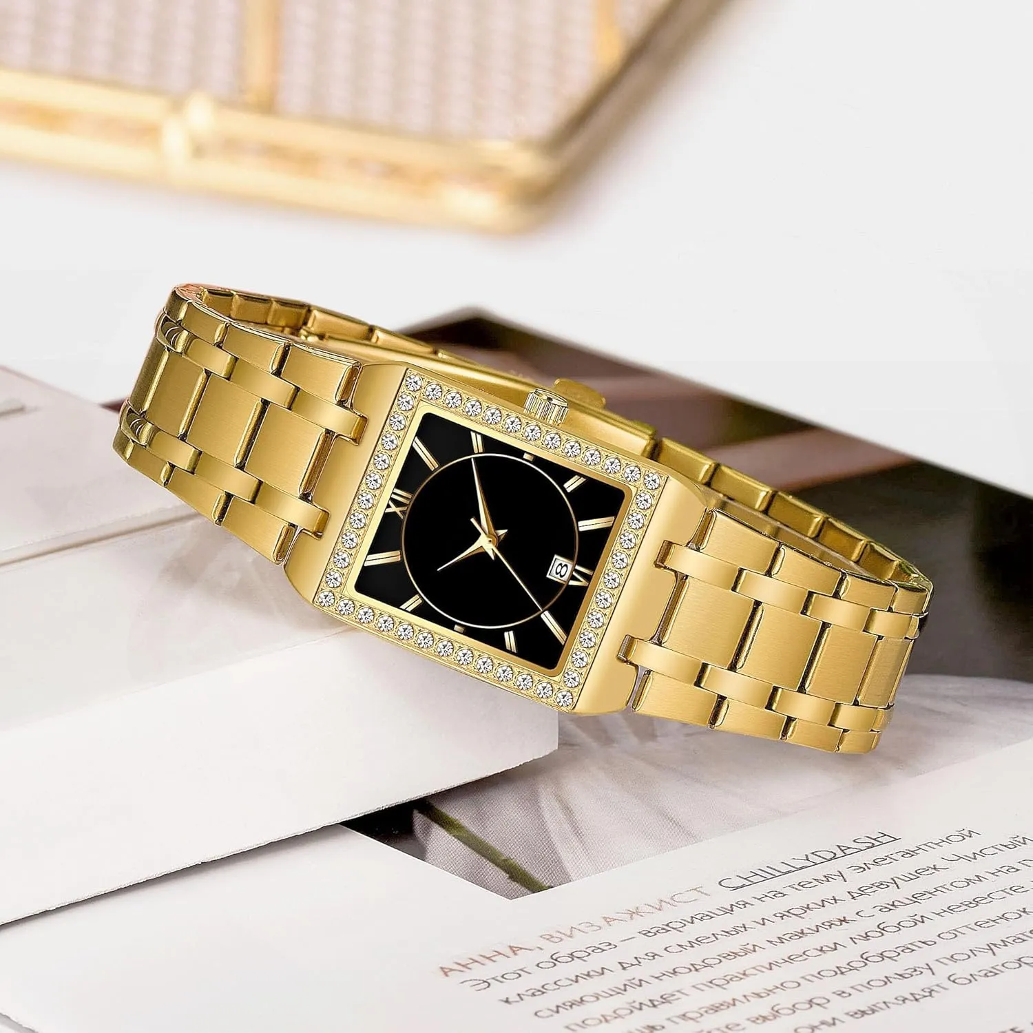 CARLIEN Women's Luxury Stainless Steel Bracelet Watches Ladies Diamonds Bezel Square Waterproof Calendar Analog Quartz Wrist Watch