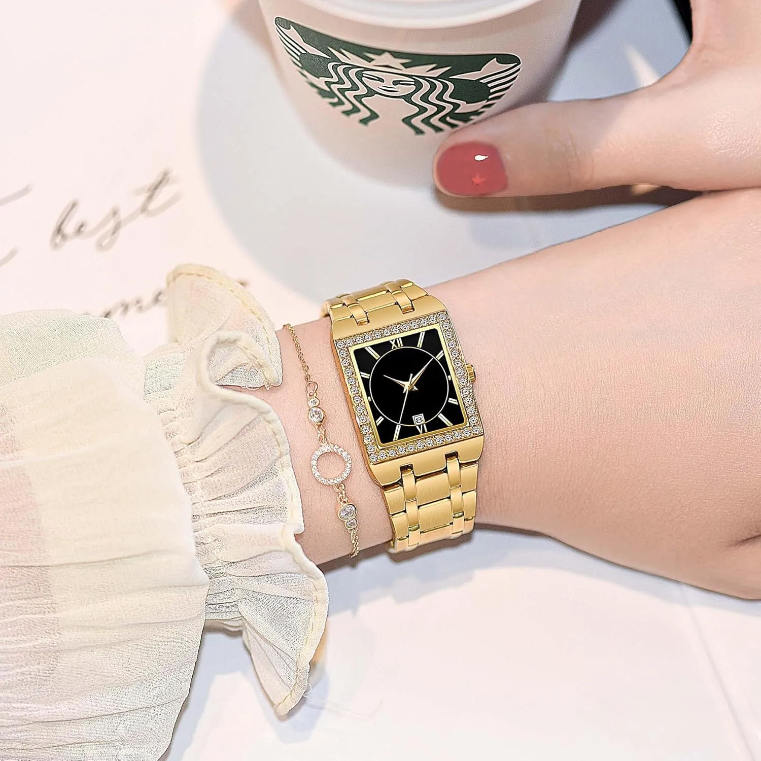CARLIEN Women's Luxury Stainless Steel Bracelet Watches Ladies Diamonds Bezel Square Waterproof Calendar Analog Quartz Wrist Watch