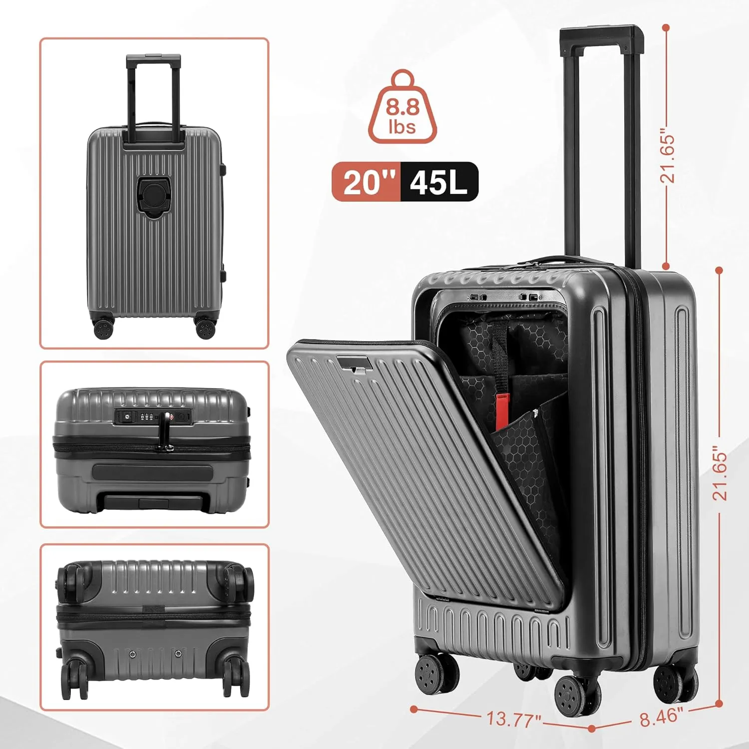 Carry On Luggage 22x14x9 Airline Approved, 20 Inch Hard Shell Carry On Luggage, Suitcase Carry-on Small Siutcase with Wheels (Grey, 1PC)