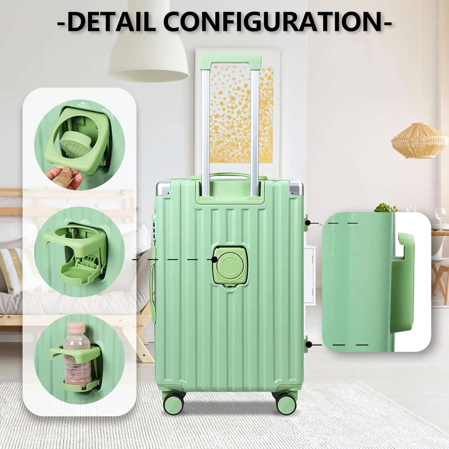 Carry on Luggage, Hardside Luggage with Spinner Wheels, 24in Durable Carry on Luggage with Cup Holder, USB Port & Phone Holder (Green)
