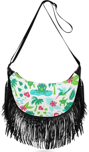 Cartoon Tropical Animals Plants Fringe Bag for Women Cross Body Bag Tassel Shoulder Bag Satchel