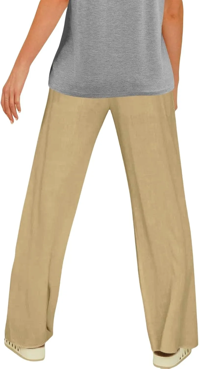 Casual Linen Pants for Women Summer Lightweight Drawstring Wide Leg Pant Comfortable Straight Trousers with Pockets