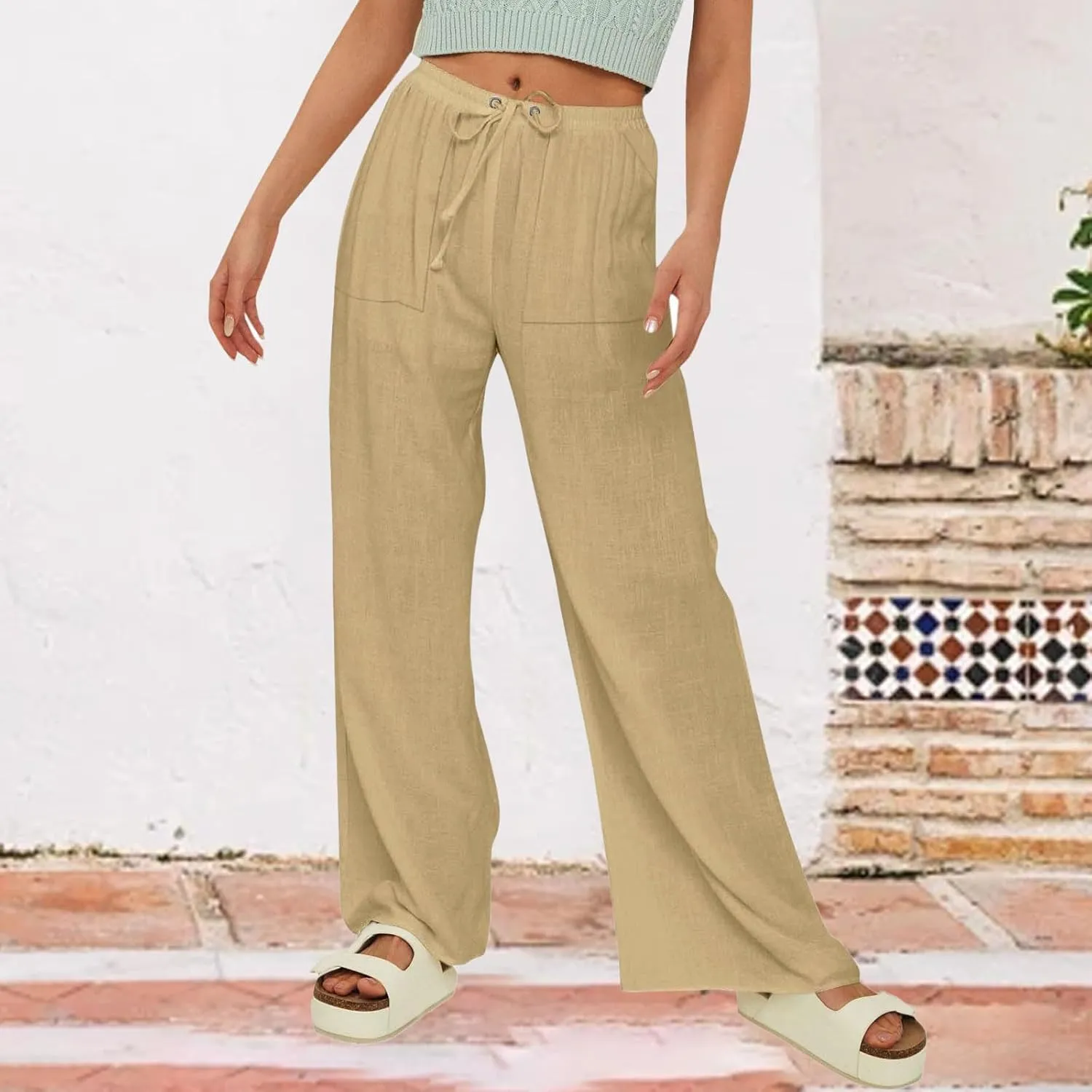 Casual Linen Pants for Women Summer Lightweight Drawstring Wide Leg Pant Comfortable Straight Trousers with Pockets