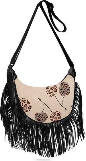 Cherry Fruits Leopard Print Fringe Bag for Women Cross Body Bag Tassel Shoulder Bag Satchel