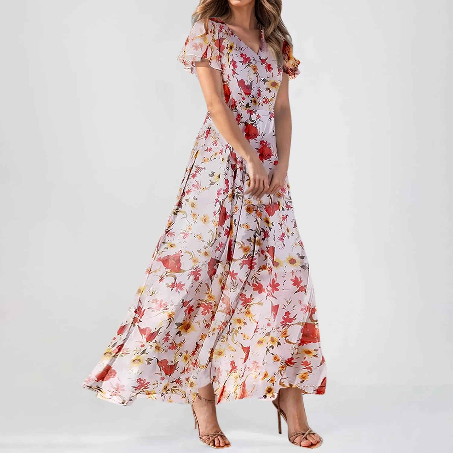 Chiffon Dresses for Women Swing Flowy Ruffle Hem Swing Womens Dresses Chiffon Dress Summer Beach Casual Dresses