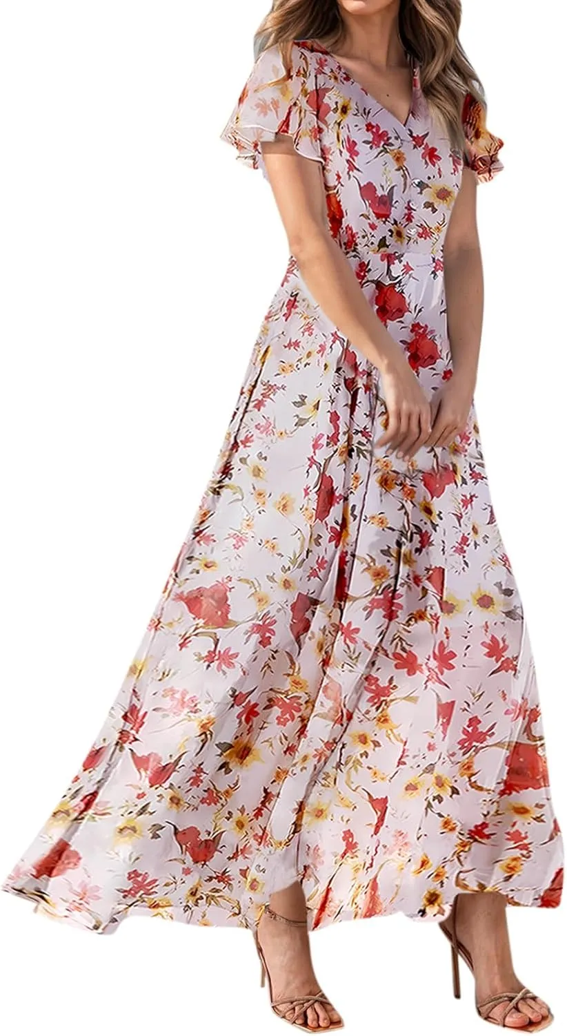 Chiffon Dresses for Women Swing Flowy Ruffle Hem Swing Womens Dresses Chiffon Dress Summer Beach Casual Dresses