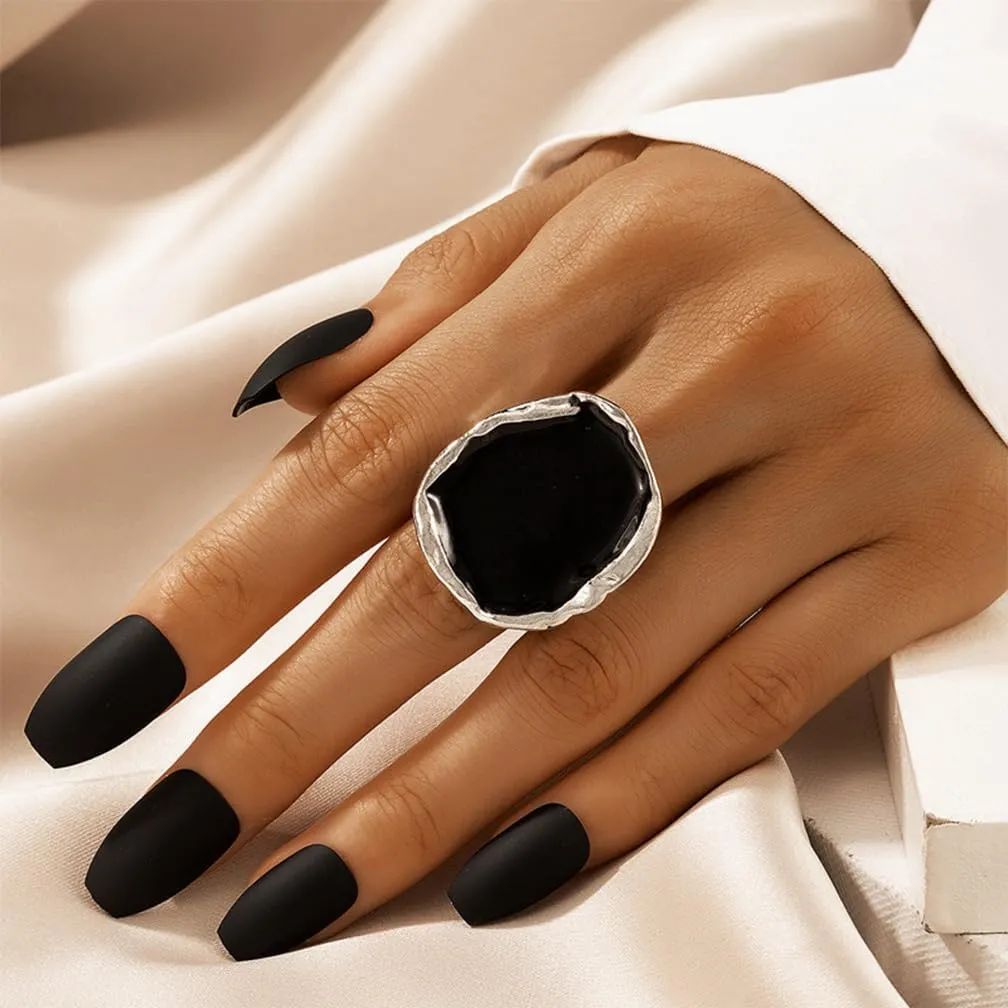 Chunky Gold Black Statement Rings Set for Women Vintage Large Cocktail Enamel Open Ring Exaggerated Dripping Oil Finger Jewelry Darkness Stacked Gifts
