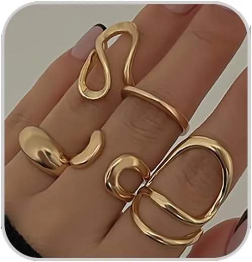 Chunky Rings for Women14K Gold/Silver Plated Adjustable Knuckle Rings Stackable Ring Sets Minimalist Irregular Statement Ring Dome Pearl Ring for Women
