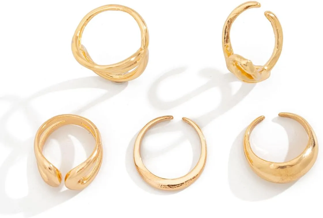 Chunky Rings for Women14K Gold/Silver Plated Adjustable Knuckle Rings Stackable Ring Sets Minimalist Irregular Statement Ring Dome Pearl Ring for Women