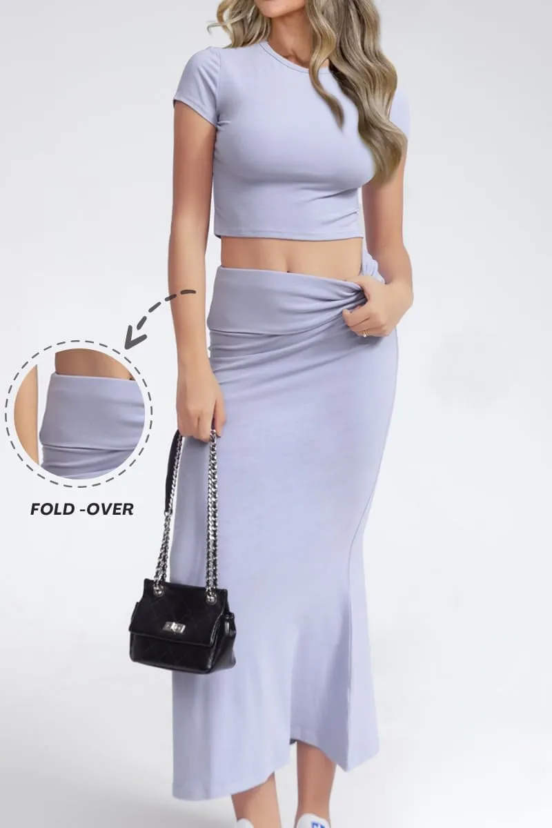 CHYRII Womens Two Piece Sets Short Sleeve Crewneck Cropped Top Bodycon Fold Over Maxi Skirt Maxi Dress Outfits