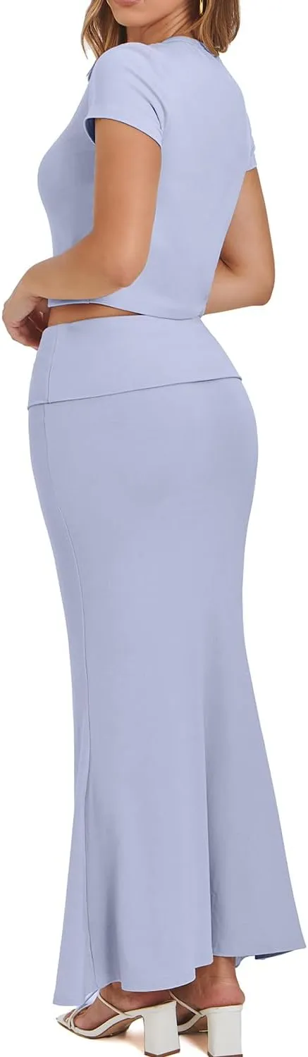 CHYRII Womens Two Piece Sets Short Sleeve Crewneck Cropped Top Bodycon Fold Over Maxi Skirt Maxi Dress Outfits