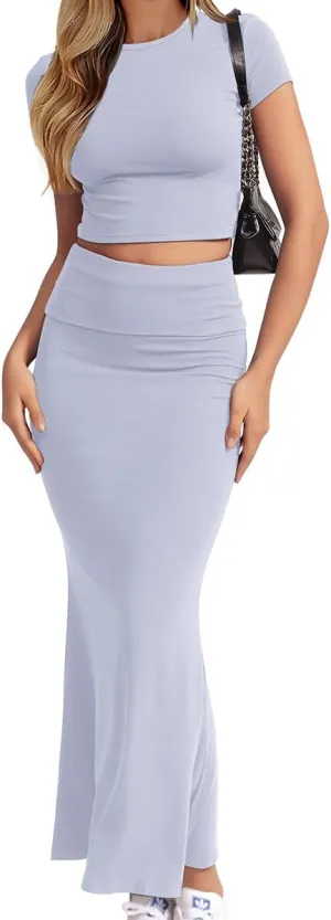 CHYRII Womens Two Piece Sets Short Sleeve Crewneck Cropped Top Bodycon Fold Over Maxi Skirt Maxi Dress Outfits