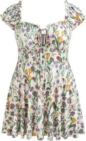 CIDER Plus Size Dresses for Curvy Women Square Neck Tie Front Floral Ruffle Trim Summer Mini Dresses