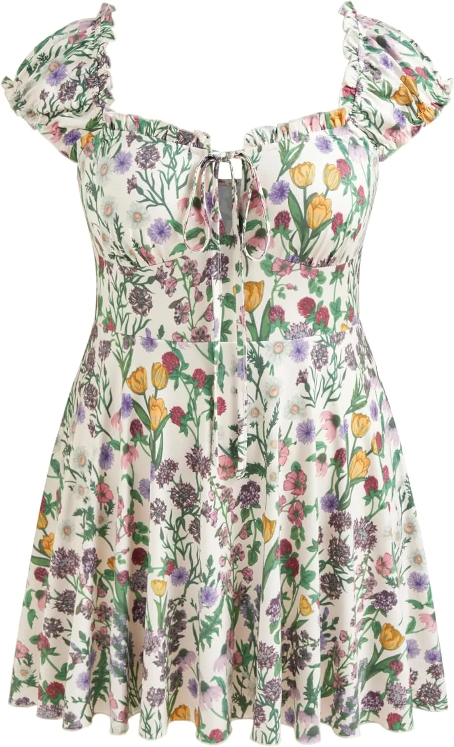 CIDER Plus Size Dresses for Curvy Women Square Neck Tie Front Floral Ruffle Trim Summer Mini Dresses