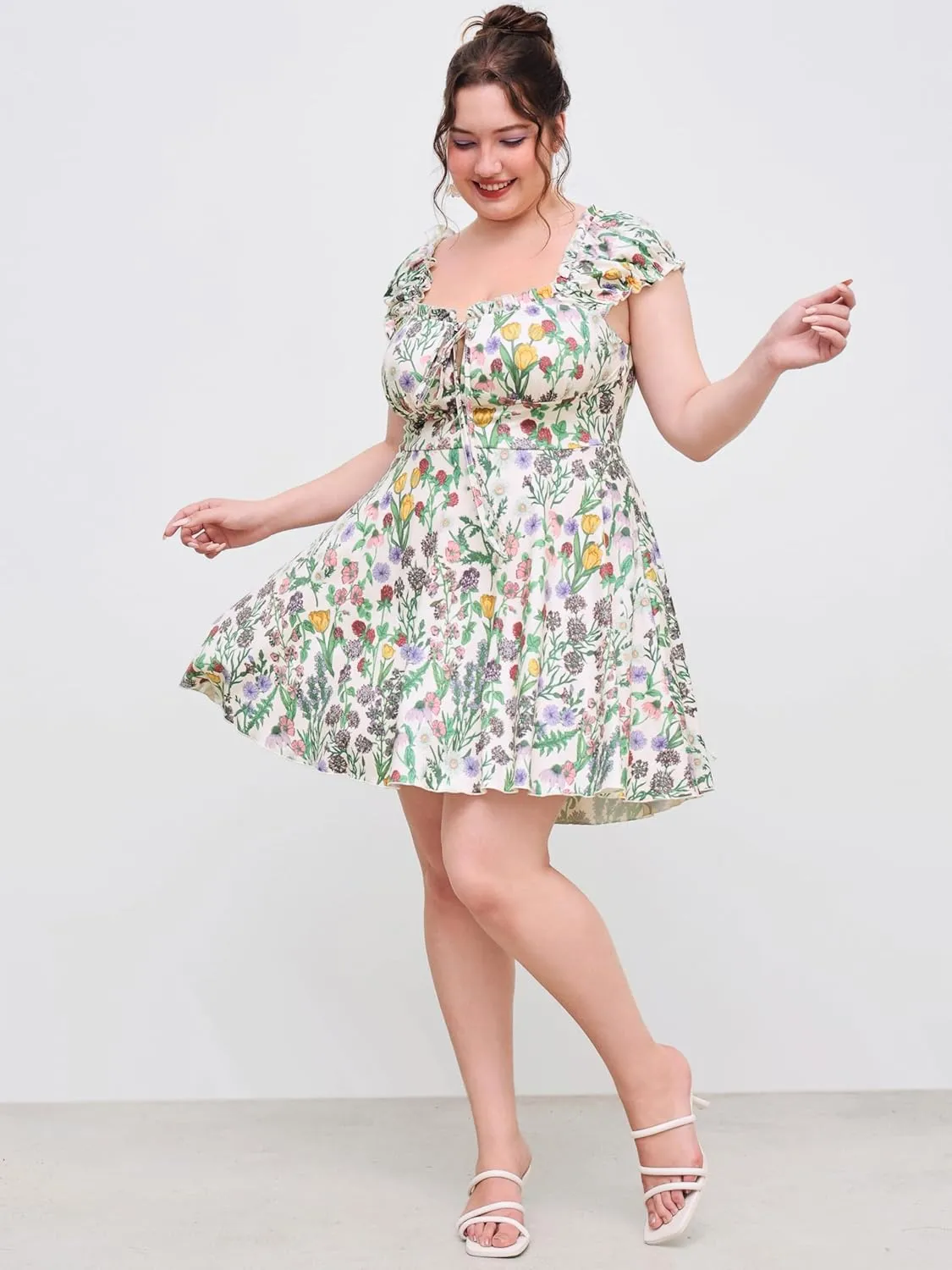 CIDER Plus Size Dresses for Curvy Women Square Neck Tie Front Floral Ruffle Trim Summer Mini Dresses