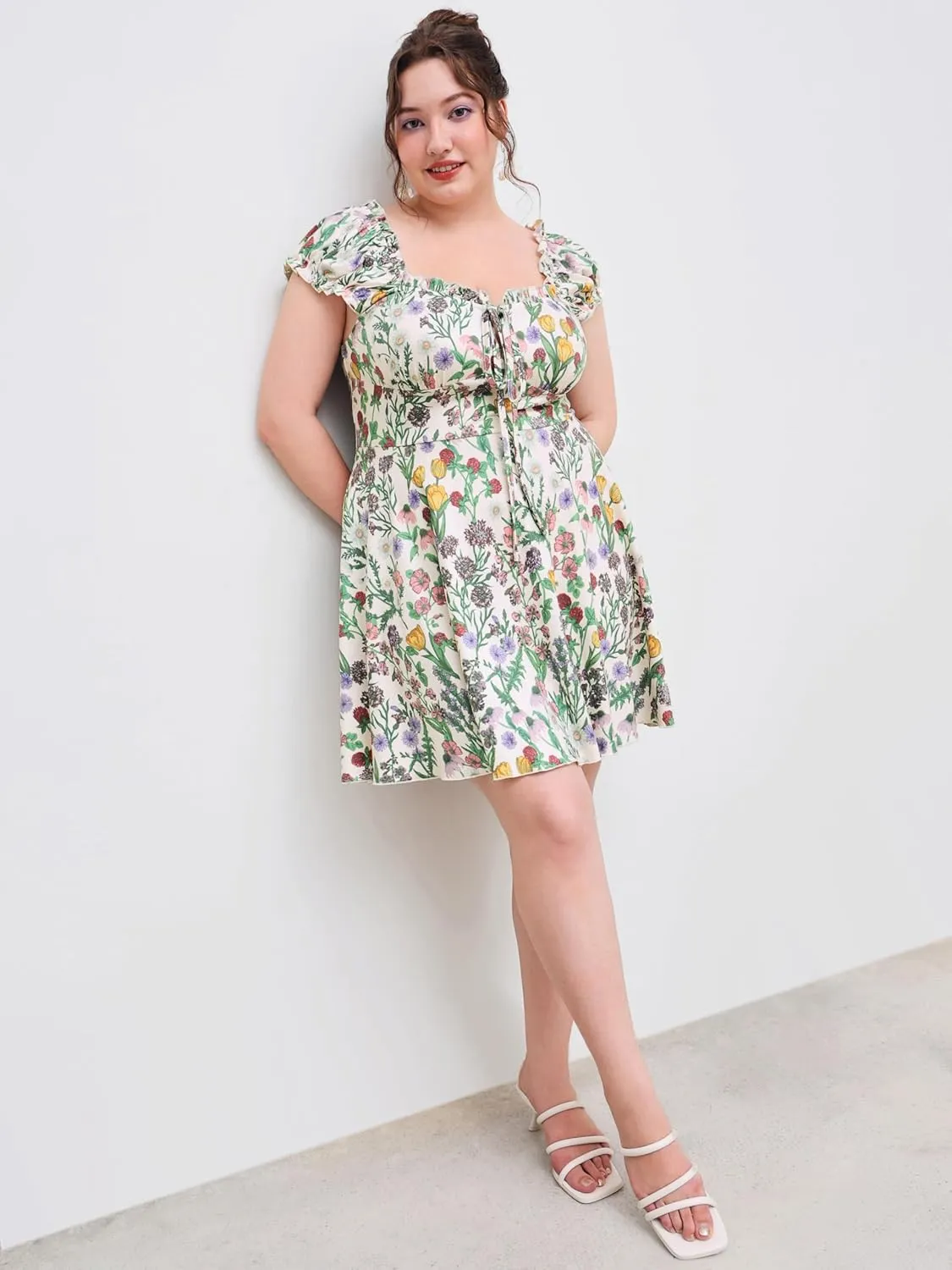 CIDER Plus Size Dresses for Curvy Women Square Neck Tie Front Floral Ruffle Trim Summer Mini Dresses