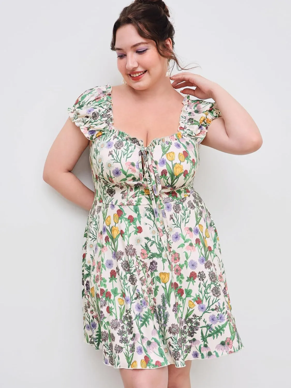 CIDER Plus Size Dresses for Curvy Women Square Neck Tie Front Floral Ruffle Trim Summer Mini Dresses