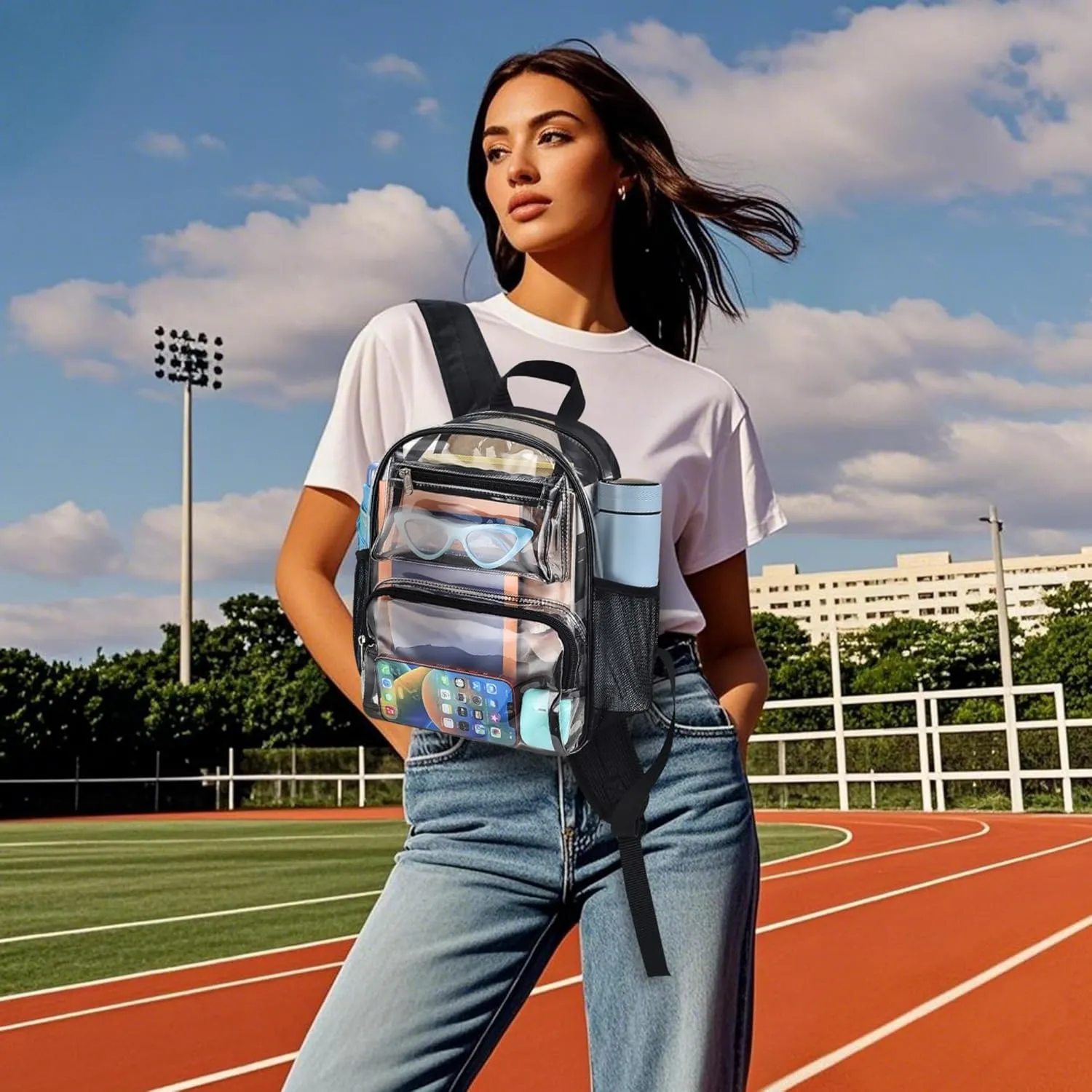 Clear Bag for Stadium Events, 12x6x12 Clear Backpack with Reinforced Strap, Stadium bag for Sports Concerts Work Travel, Black