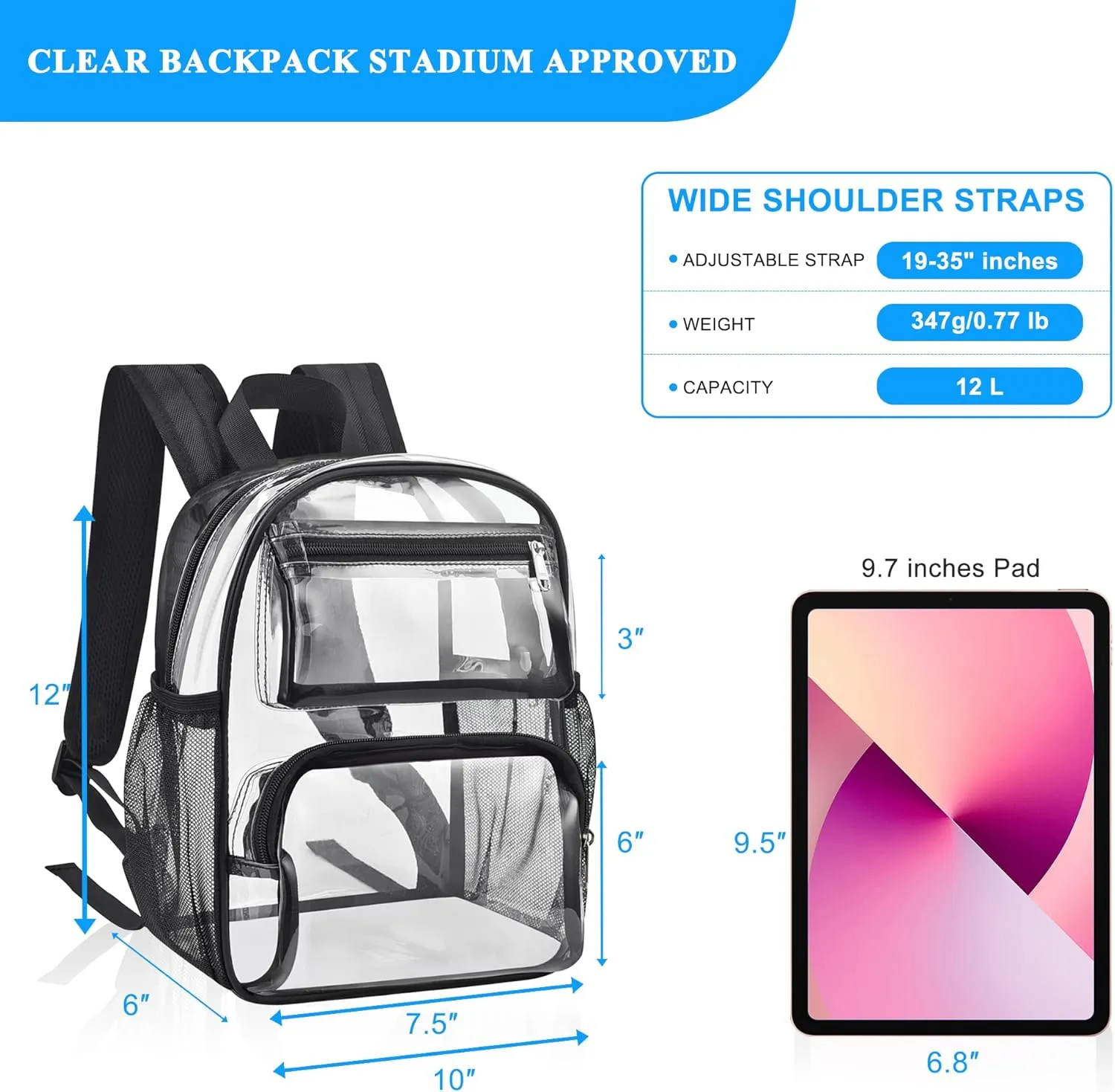 Clear Bag for Stadium Events, 12x6x12 Clear Backpack with Reinforced Strap, Stadium bag for Sports Concerts Work Travel, Black