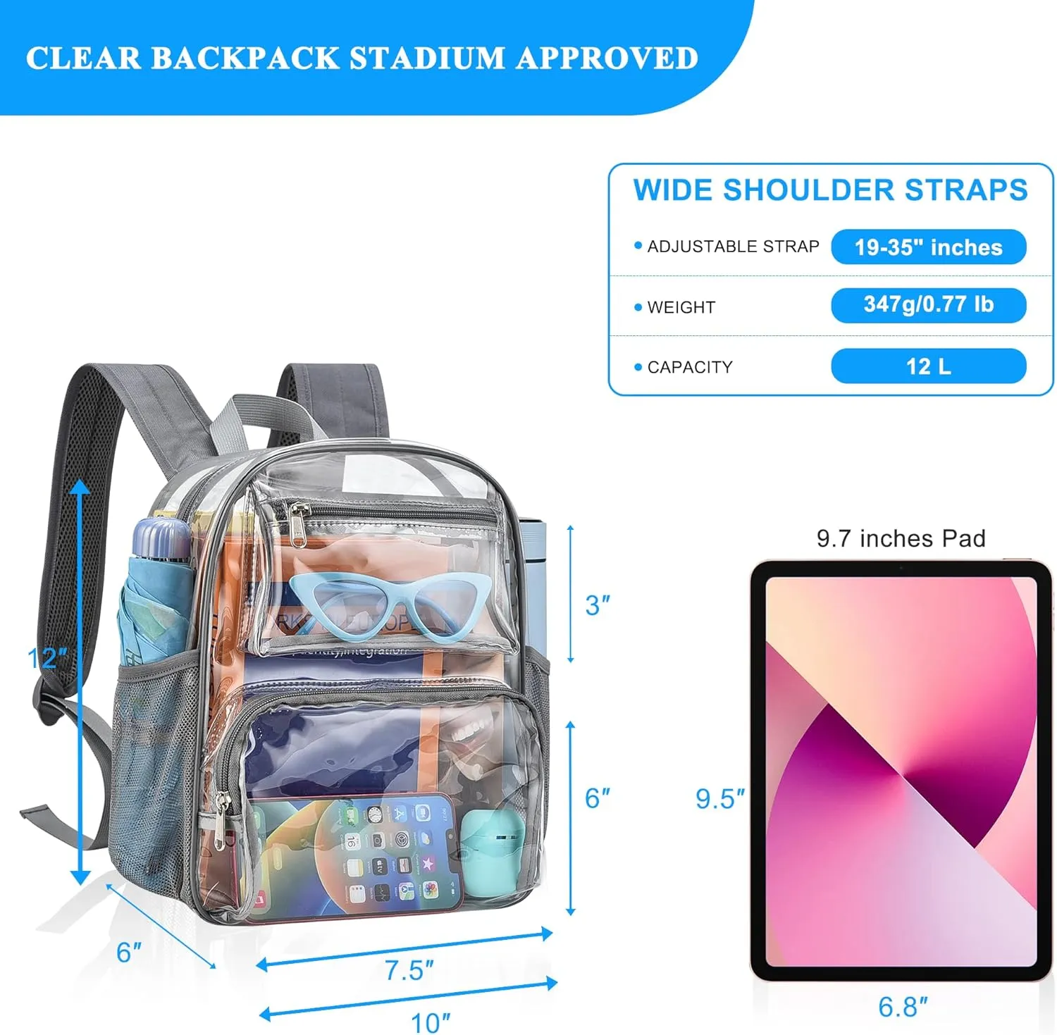 Clear Bag for Stadium Events, 12x6x12 Clear Backpack with Reinforced Strap, Stadium bag for Sports Concerts Work Travel, Grey