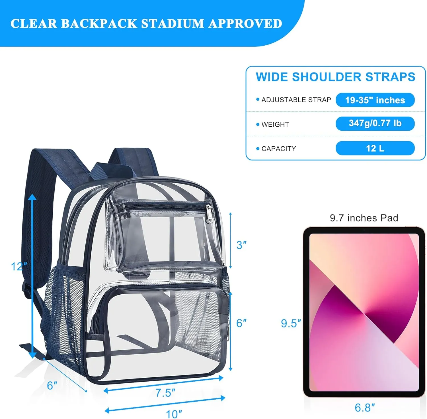 Clear Bag for Stadium Events, 12x6x12 Clear Backpack with Reinforced Strap, Stadium bag for Sports Concerts Work Travel, Navy