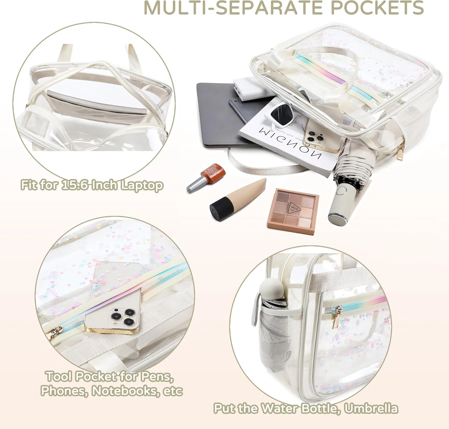 Clear Beach Bag Travel Tote Transparent Backpack for Women Girls Stadium Approved Crossbody Messenger Shoulder Handbag