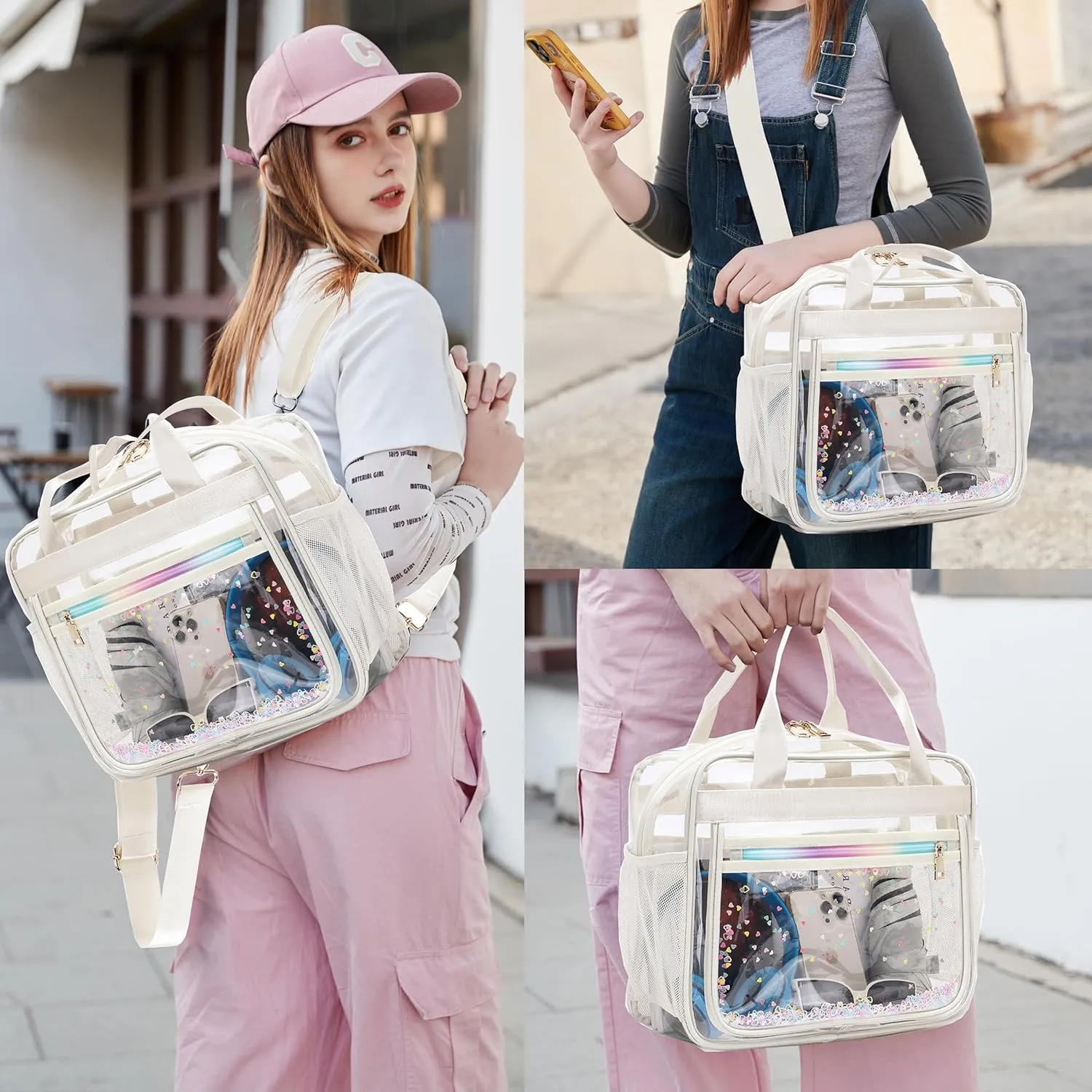 Clear Beach Bag Travel Tote Transparent Backpack for Women Girls Stadium Approved Crossbody Messenger Shoulder Handbag