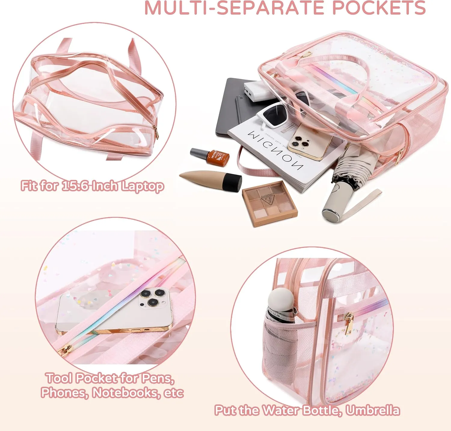Clear Beach Bag Travel Tote Transparent Backpack for Women Girls Stadium Approved Crossbody Messenger Shoulder Handbag