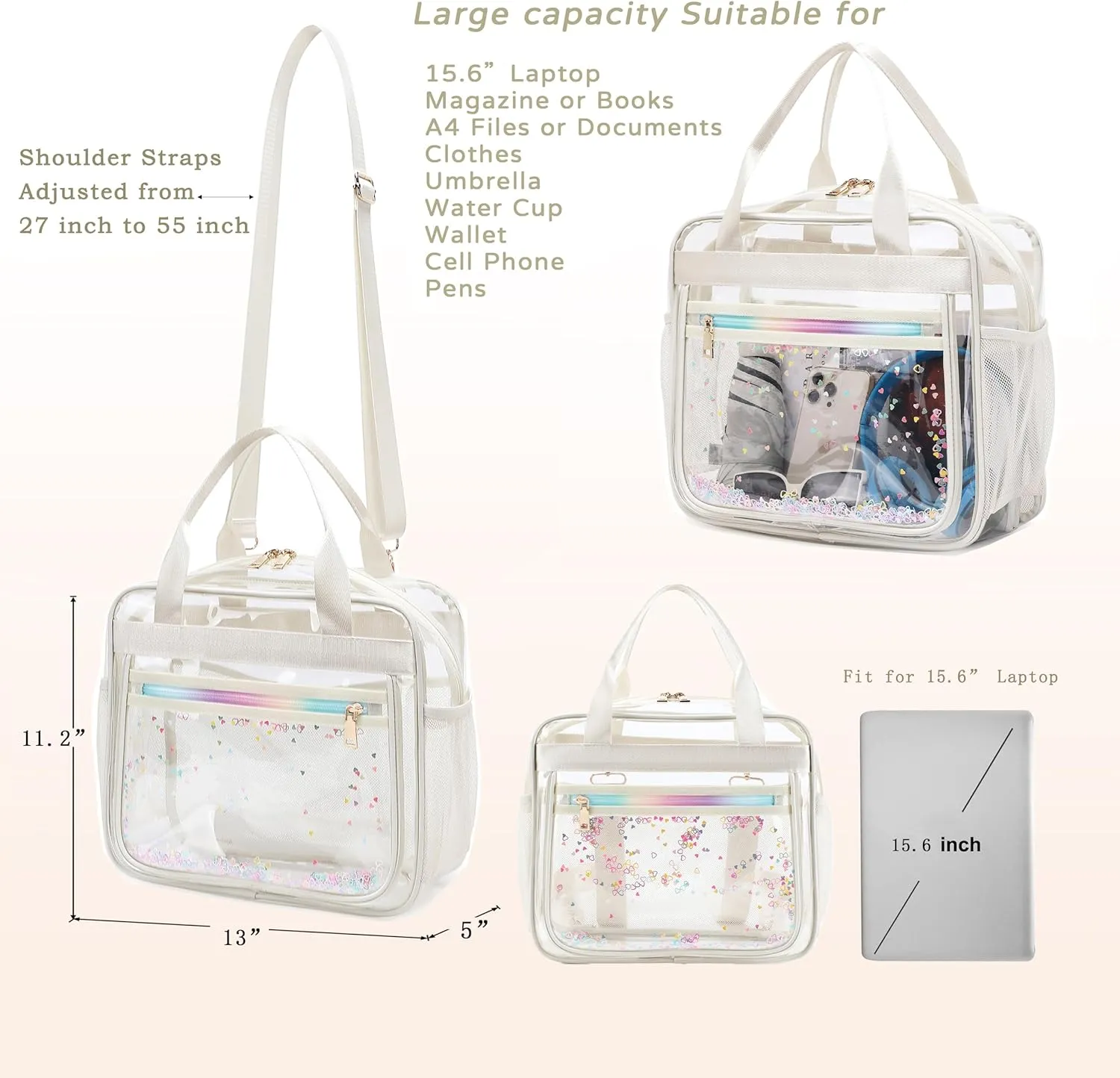 Clear Beach Bag Travel Tote Transparent Backpack for Women Girls Stadium Approved Crossbody Messenger Shoulder Handbag
