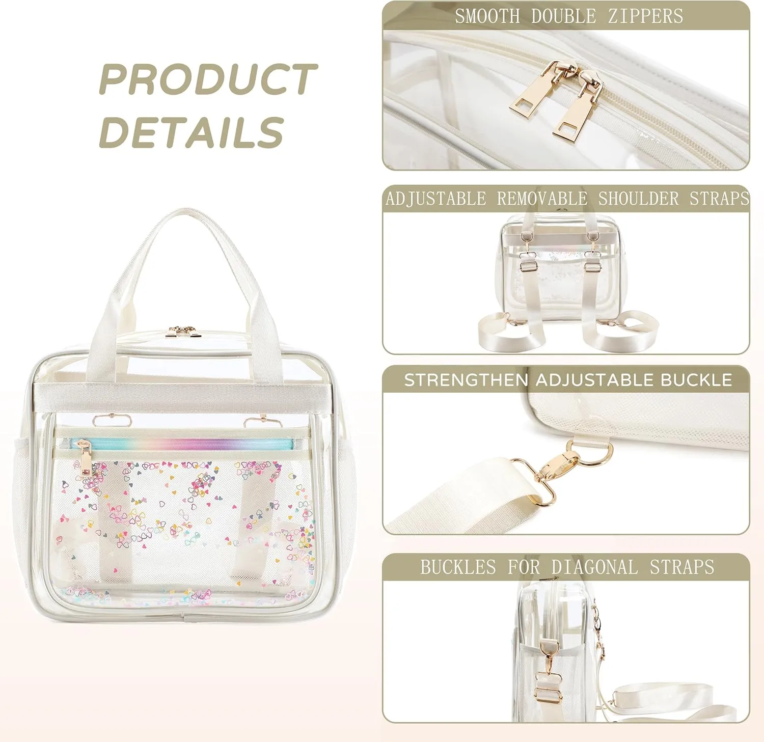 Clear Beach Bag Travel Tote Transparent Backpack for Women Girls Stadium Approved Crossbody Messenger Shoulder Handbag