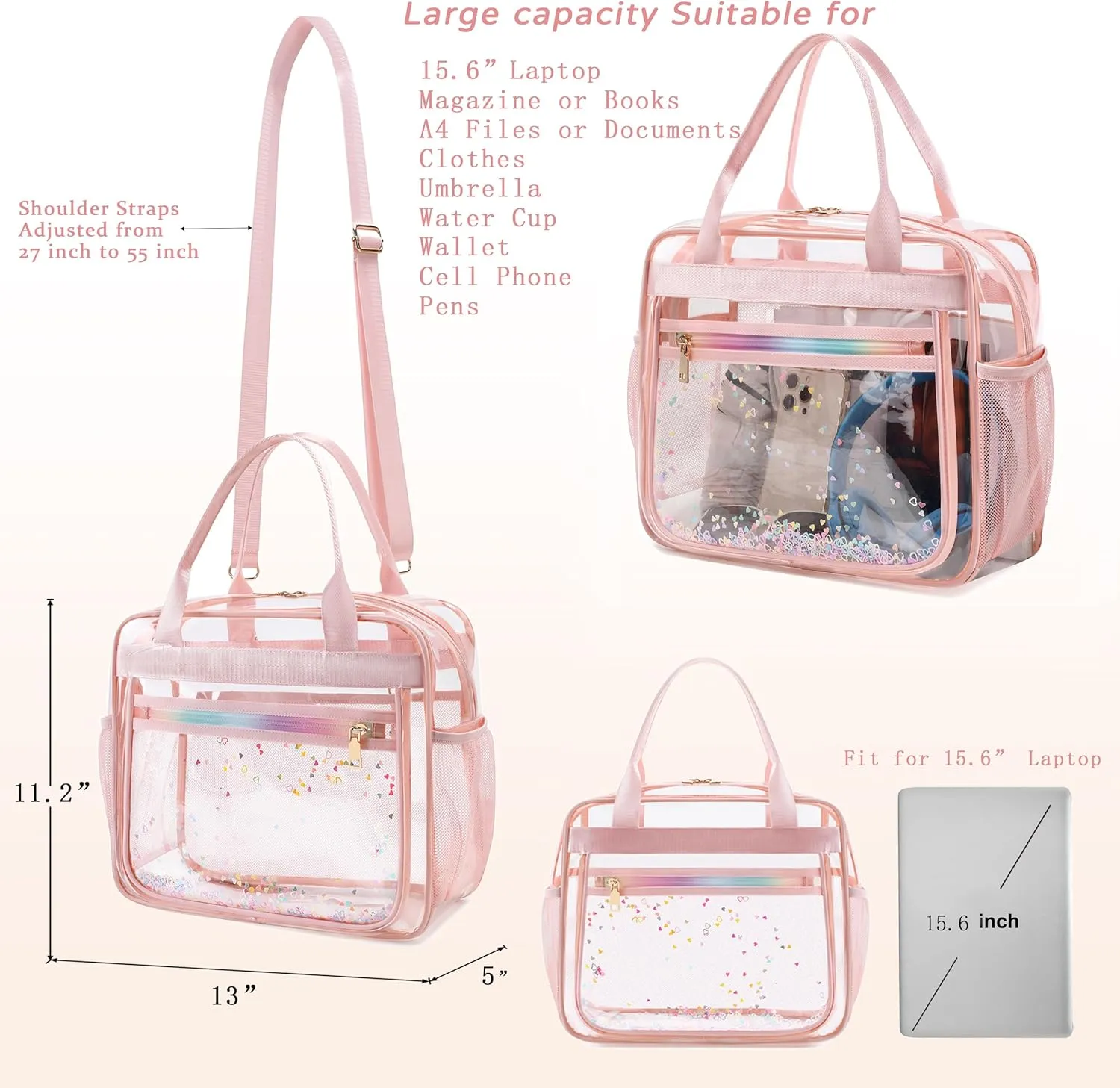 Clear Beach Bag Travel Tote Transparent Backpack for Women Girls Stadium Approved Crossbody Messenger Shoulder Handbag