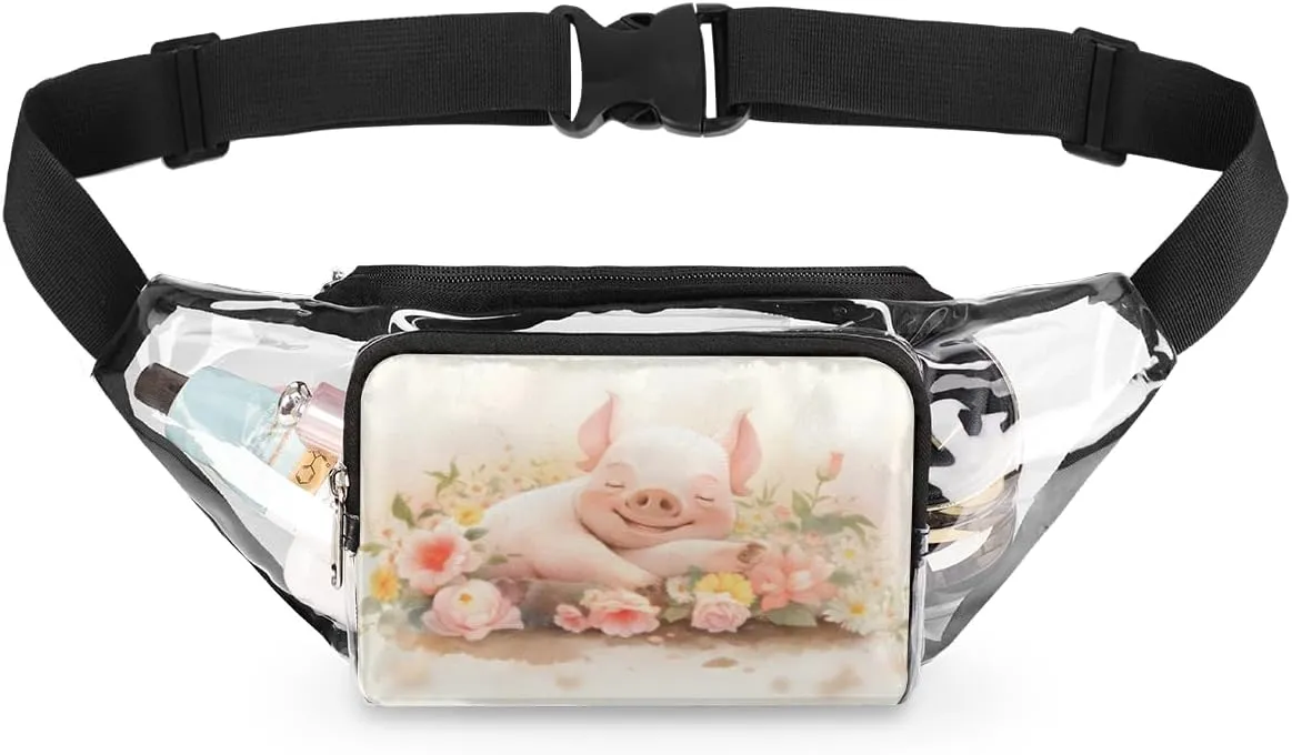 Clear Fanny Pack Stadium Approved Sleeping Piggy Piglet Clear Bag for Women Men Multi-purpose Clear Purse Pig Transparent Waist Bag with Adjustable Belt for Sporting Event Travel Beach Concerts
