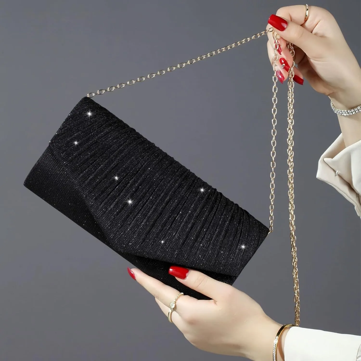 Clutch Purses for Women, Glitter Evening Bag with Chain Strap, Formal Pleated Design for Wedding, Cocktail, Party