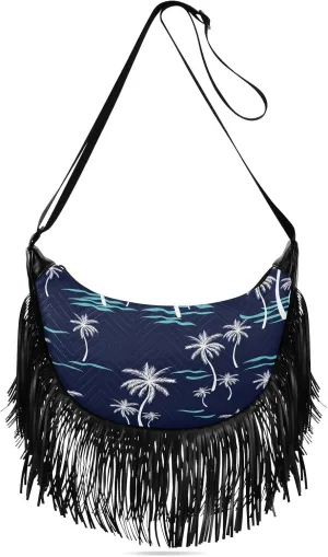 Coconut Palm Tree Blue Fringe Bag for Women Cross Body Bag Tassel Shoulder Bag Satchel