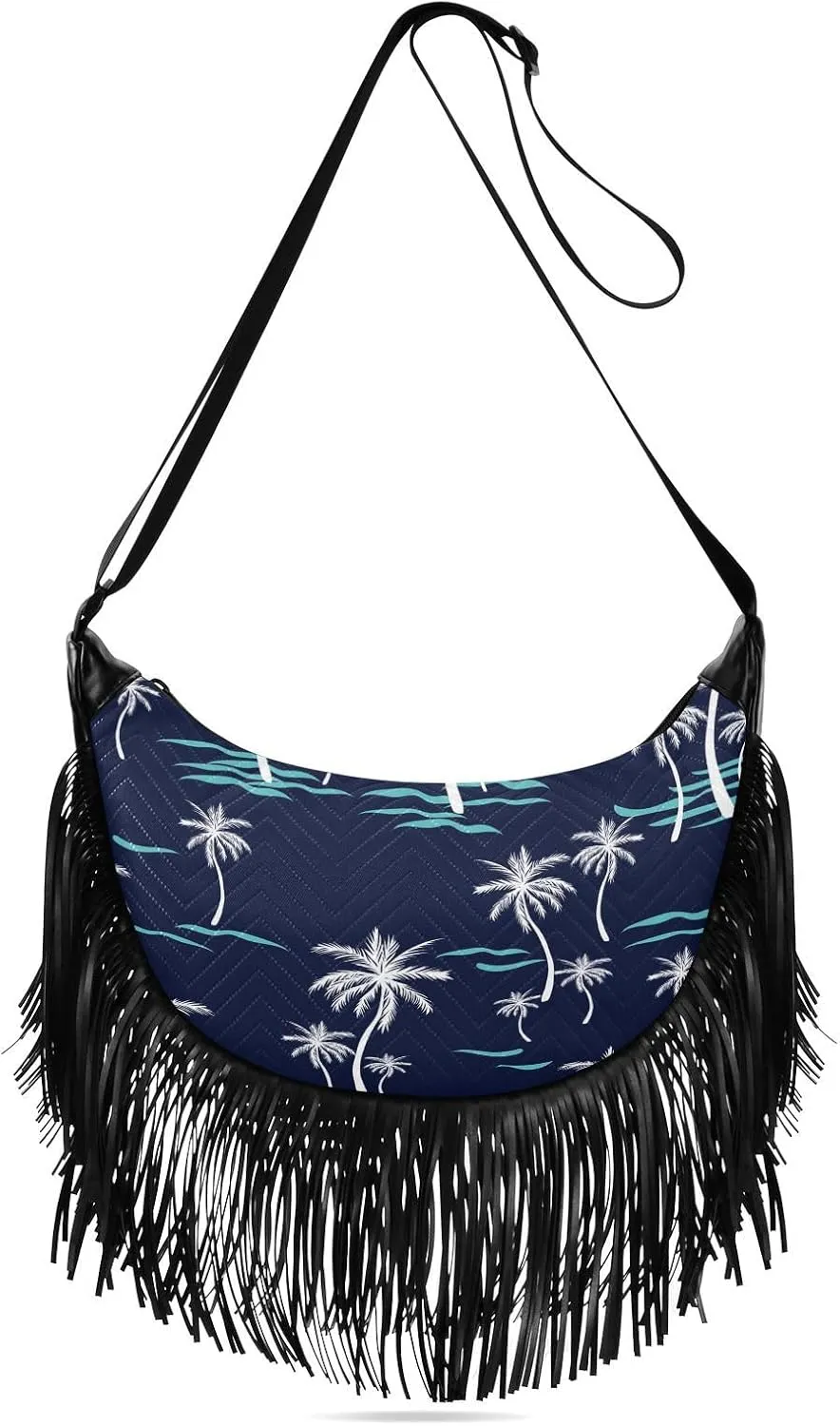 Coconut Palm Tree Blue Fringe Bag for Women Cross Body Bag Tassel Shoulder Bag Satchel