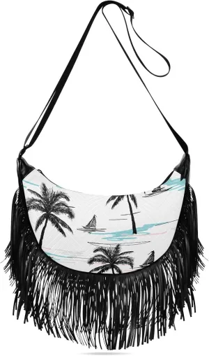 Coconut Palm Trees Sailboat Fringe Bag for Women Cross Body Bag Tassel Shoulder Bag Satchel