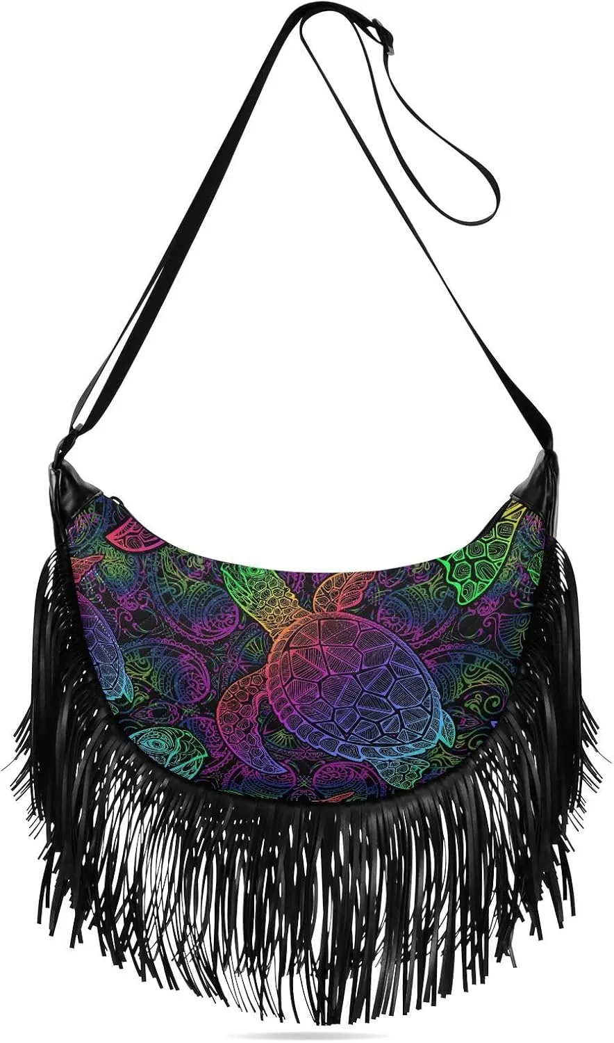 Colorful Boho Sea Turtle Fringe Bag for Women Cross Body Bag Tassel Shoulder Bag Satchel