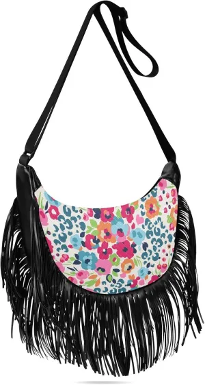 Colorful Flower Leopard Print Fringe Bag for Women Cross Body Bag Tassel Shoulder Bag Satchel
