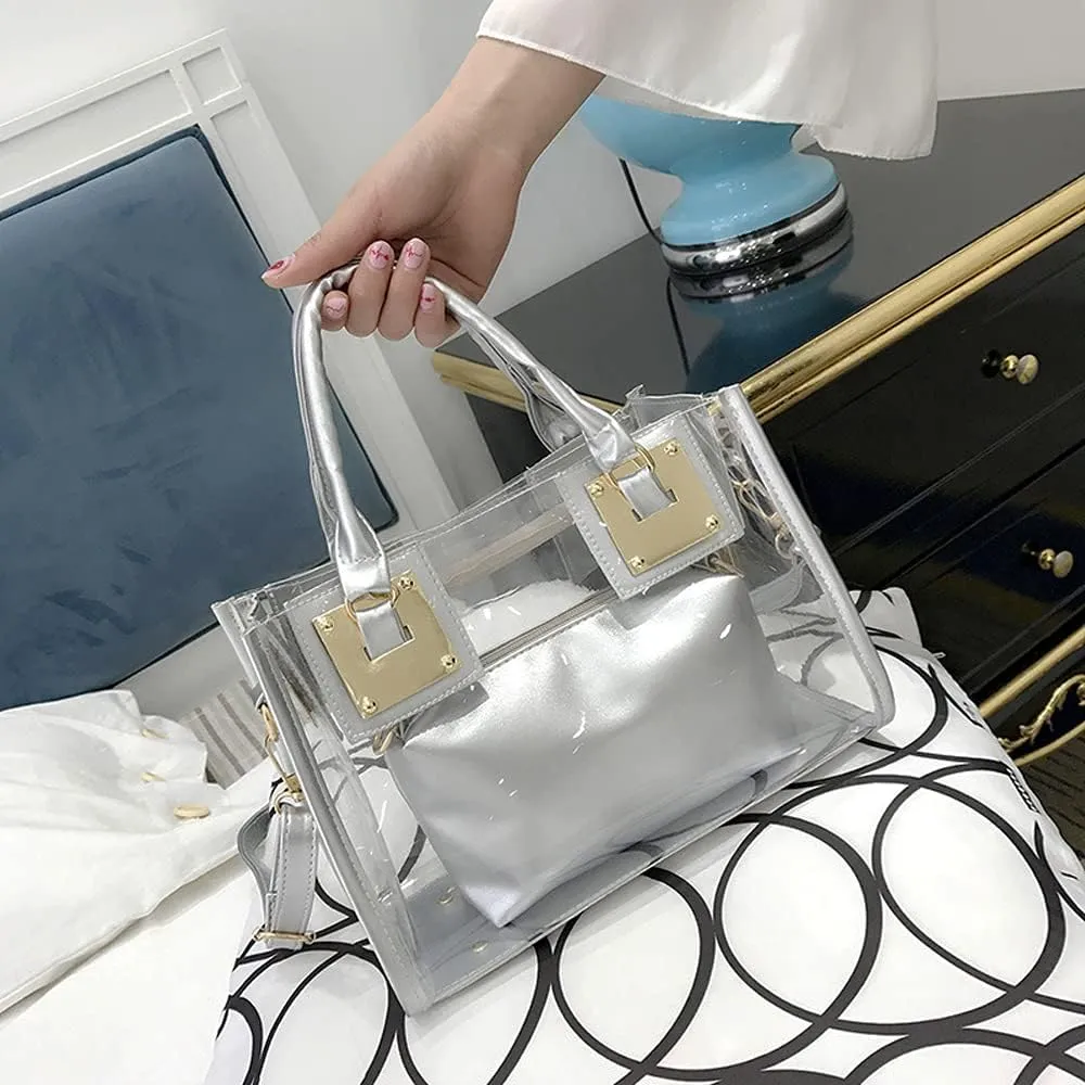 Cooba 2Pcs Handbags Purse for Women Clear Bag PVC Leather Satchel Crossbody Bag Transparent Jelly Bag Beach Shoulder Bag