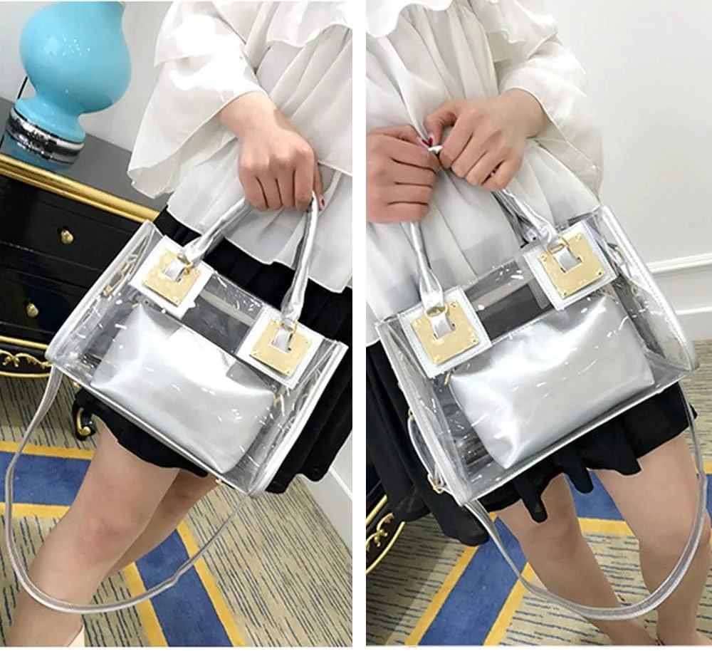 Cooba 2Pcs Handbags Purse for Women Clear Bag PVC Leather Satchel Crossbody Bag Transparent Jelly Bag Beach Shoulder Bag