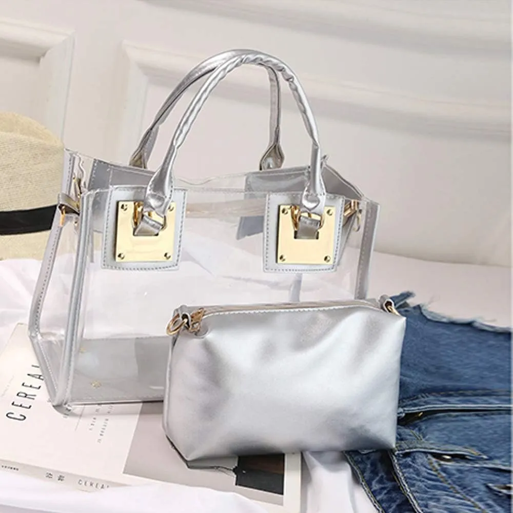 Cooba 2Pcs Handbags Purse for Women Clear Bag PVC Leather Satchel Crossbody Bag Transparent Jelly Bag Beach Shoulder Bag
