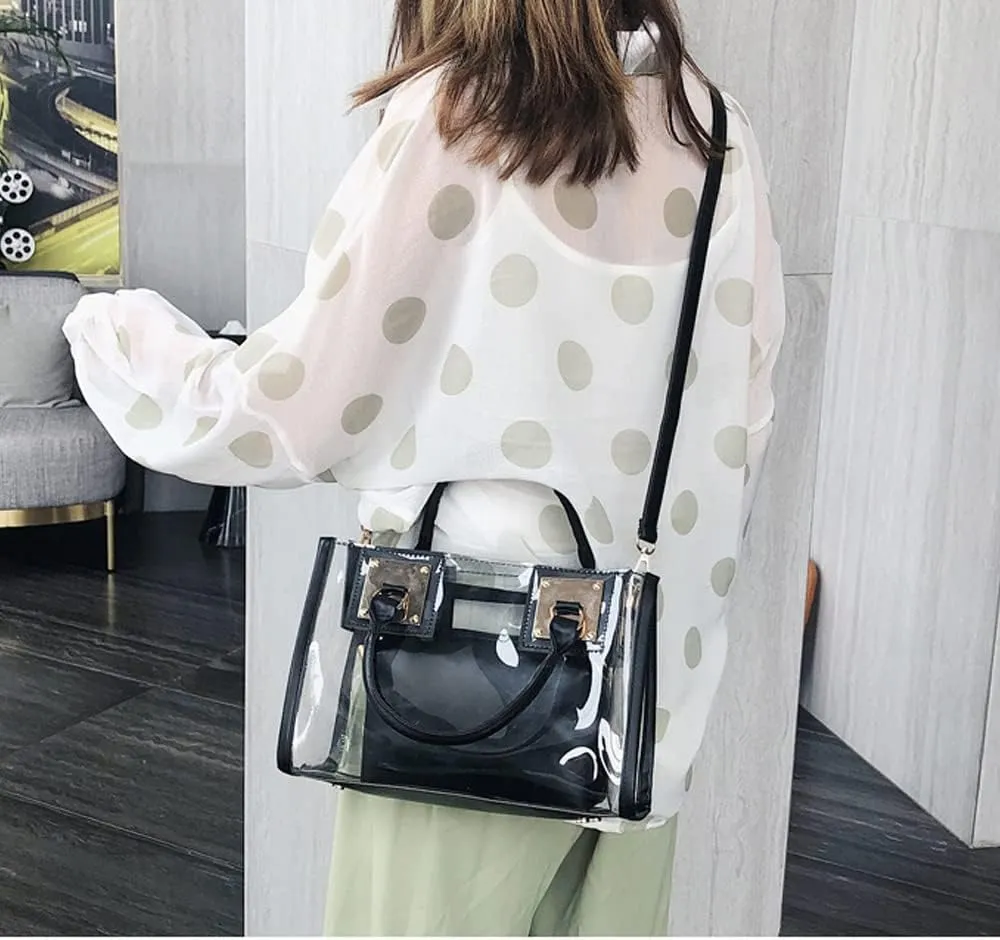 Cooba 2Pcs Handbags Purse for Women Clear Bag PVC Leather Satchel Crossbody Bag Transparent Jelly Bag Beach Shoulder Bag