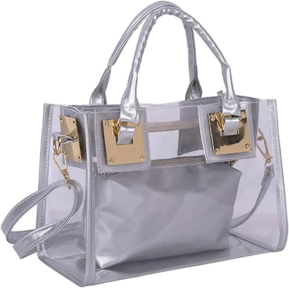 Cooba 2Pcs Handbags Purse for Women Clear Bag PVC Leather Satchel Crossbody Bag Transparent Jelly Bag Beach Shoulder Bag