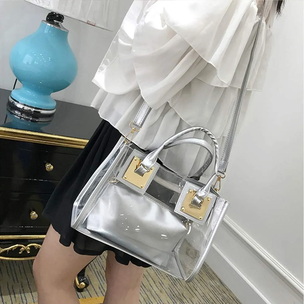 Cooba 2Pcs Handbags Purse for Women Clear Bag PVC Leather Satchel Crossbody Bag Transparent Jelly Bag Beach Shoulder Bag