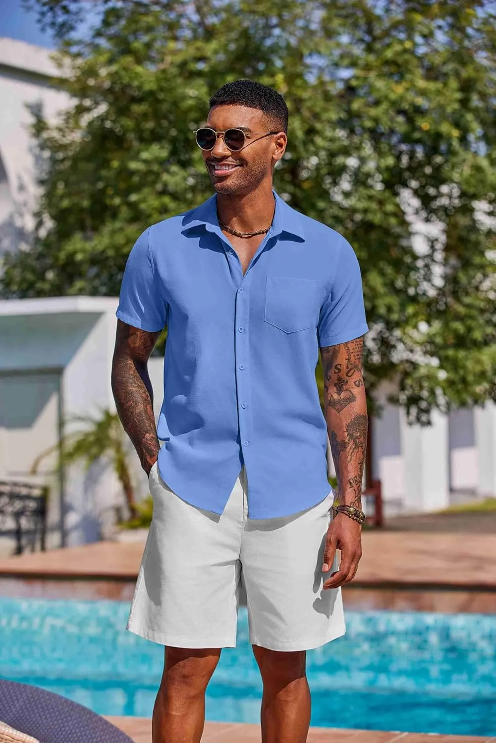 COOFANDY Men's Button Down Shirts Short Sleeve Casual Summer Shirts Beach Wedding Shirt with Pocket
