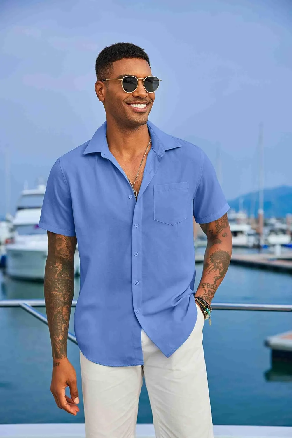 COOFANDY Men's Button Down Shirts Short Sleeve Casual Summer Shirts Beach Wedding Shirt with Pocket