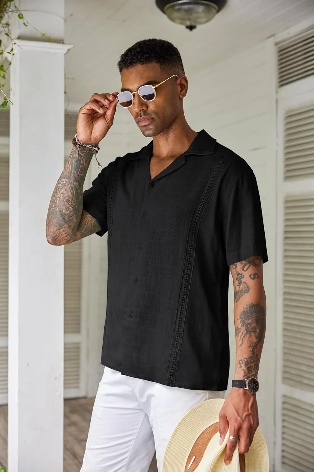 COOFANDY Men's Cuban Guayabera Shirt Short Sleeve Button Down Shirts Casual Summer Beach Linen Shirts