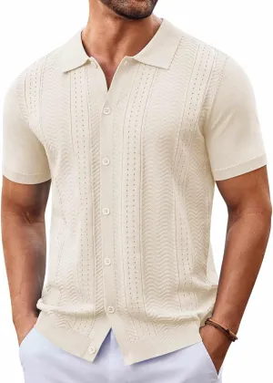 COOFANDY Mens Knit Button Down Shirt Short Sleeve Summer Casual Shirts Vintage Beach Vacation Shirts