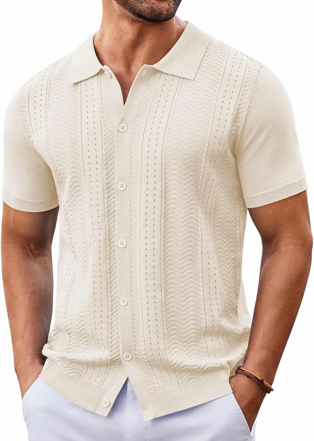 COOFANDY Mens Knit Button Down Shirt Short Sleeve Summer Casual Shirts Vintage Beach Vacation Shirts